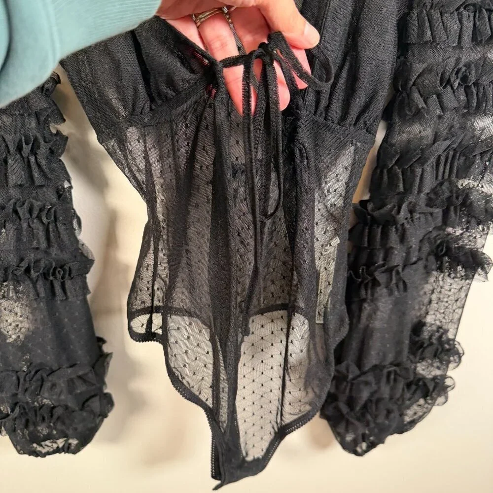 Free People Love Again Mesh Bodysuit Size XS Sheer Ruffle Romantic Sexy